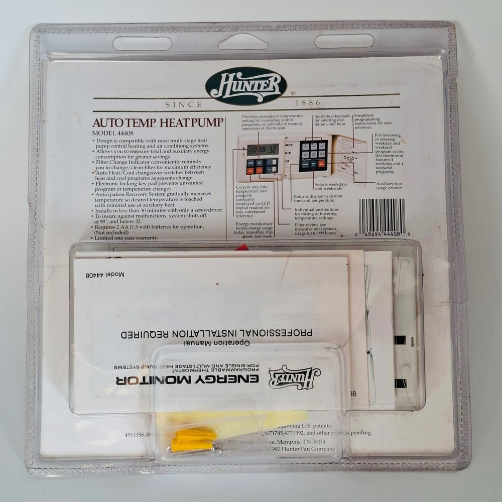 Hunter Auto Temp Heat Pump Digital Programmable Thermostat Model 44408